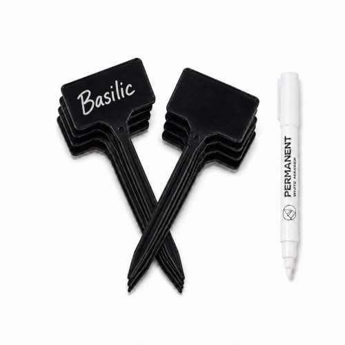 Flandria 10 Étiquettes Jardin à Planter 15 cm Noir - Étiquettes Plantes Potager Plastiques PP + Marqueur Blanc - Extérieur, Résistant à l'Eau, Réutilisable