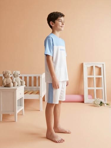 Image of Li'l Tomatoes Boys 100% Cotton Night Suit Set | Half Sleeve T-Shirt & Shorts | Color Block & Typography Print | Soft & Breathable Sleepwear | Casual Summer Wear | 9-16 Years