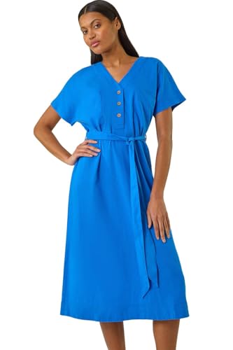 Image of Roman Originals Swing Tea Dress Women UK Ladies Skater Midi A Line Fit & Flare Summer Casual Smart Cocktail Party Going Out Work Cruise Button Through Long Pocket - Royal Blue Linen - Size 18