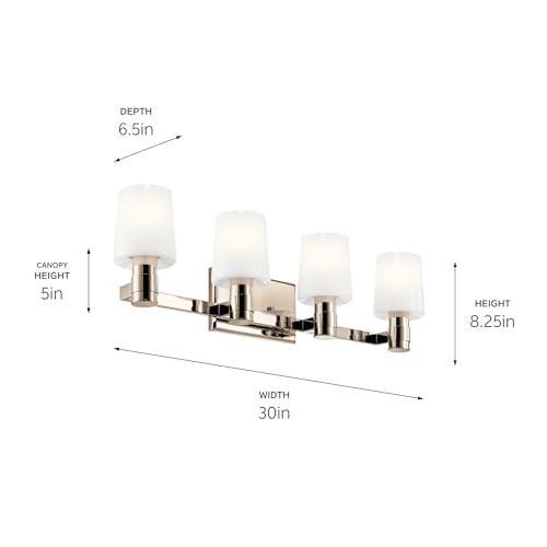 Image of Kichler Adani 4-Light Bathroom Vanity Light Fixture with Opal Glass in Polished Nickel, Modern Wall Mount Lighting Over Mirror for Bathroom (8.25 inch x 30 inch), 55177PN