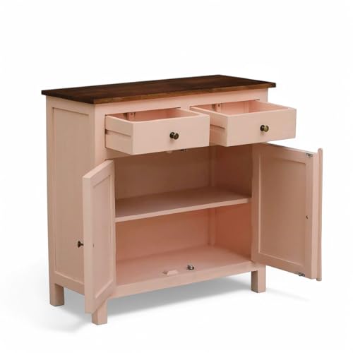 Image of Solid Wood Sideboard Cabinet | 2 Drawers | Premium Tubaq Top with Rosset Pink | Stylish Wooden Storage for Living Room & Hall