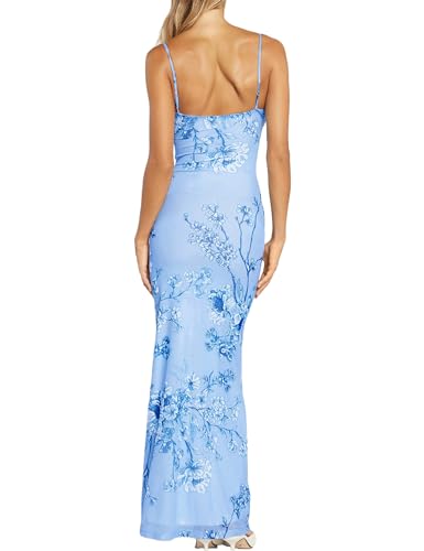 Image of Womens Sexy V Neck Satin Maxi Dresses Spaghetti Strap Floral Print Dresses Slim Fit Elegant Long Dresses Night Party Outfits