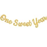BEISHIDA Gold Glitter Sweet 1 Year Banner(Pre-Strung), First Birthday Anniversary Party Decorations Supplies for Boys Girls, Sweet Bunting Sign,1st Bday Baby Shower Hanging banner
