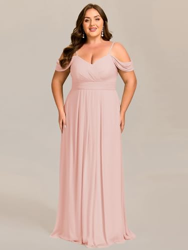 Image of Ever-Pretty Plus Women's V Neck A Line Off Shoulder Sleeveless Chiffon Pleated Floor Length Plus Size Bridesmaid Dresses