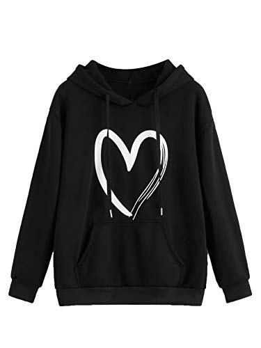 SweatyRocks Women's Casual Heart Print Long Sleeve Pullover Hoodie Sweatshirt Tops (X-Large, Black)