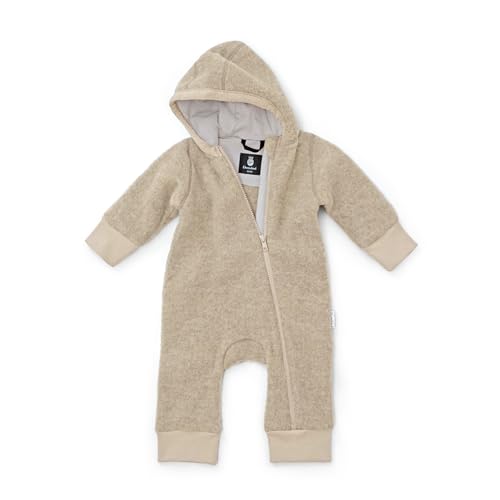 Ehrenkind® Fleeceoverall aus 100% Bio-Merinowolle, Atmungsaktiv & temperaturausgleichend, Wollfleece, Baby Overall mit Kapuze, Natur 62/69