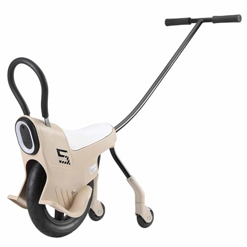 SAYEYBU 12 Zoll 2-in-1 Kleinkind Gleichgewichts Einrad, Eltern-Kind Handantriebenes Fahrrad Stroller mit Lichtern, Handläufen & Hilfsrädern, Indoor & Outdoor Fahrspielzeug für Kinder,Khaki