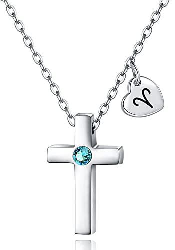 MallDou Jewelry Cross Pendant Birthstone Necklace for Women 12 Constellation Astrology CZ Necklace