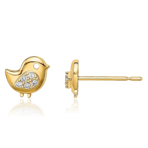 14K Solid Yellow Gold Bird Cubic Zirconia CZ Stud Earrings