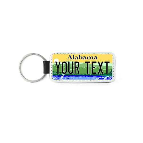 Teamlogo Personalized Alabama License Plate 1.5" x 3" FAUX Leather Keychain Version 3 - Custom printed with your name or text. Made in the USA