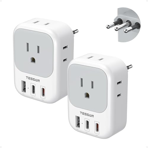 Italy Travel Plug Adapter 2 Pack TESSAN Type L Adapter for Travel with 4 Outlets 2 USB C (1 with 20W PD) 1 USB A Power Adaptor for US to Italian Chile Rome Uruguay Milan Libya