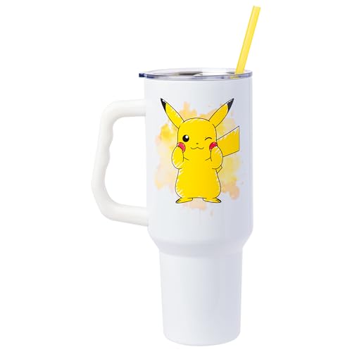 Image of Silver Buffalo Pokemon Double Walled Stainless Steel Tumbler with Handle Featuring Pikachu, Fits in Standard Cup Holder, 40 Ounces