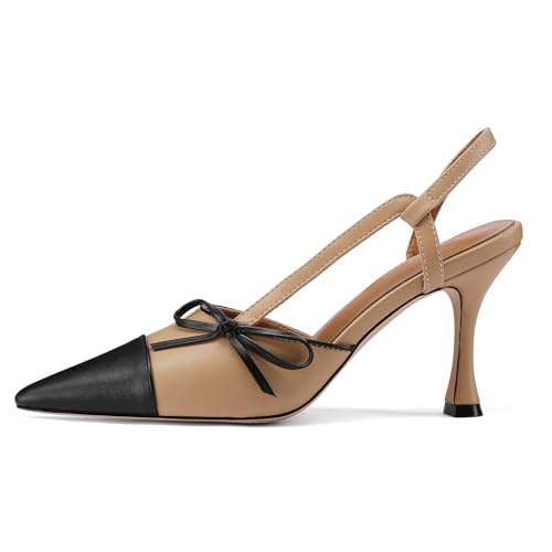 Women's Bow Tie Slingback Pumps Patchwork Stiletto Heels Pointed Toe Two-Tone Dress Party 3.35 Inch Heeled Sandals2