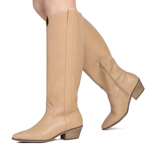 festooning Women's Knee High Boots Pointed Toe Inner Zipper Western Cowboy Boots Pull On Chunky Heel Wide Calf Tall Boots for Ladies4