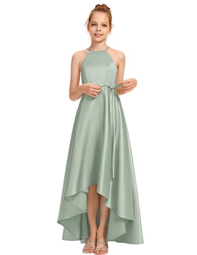 Junior Bridesmaid Dress, Flower Girl Dresses, Formal Dress for Teen Girls A-line Halter Asymmetrical Satin