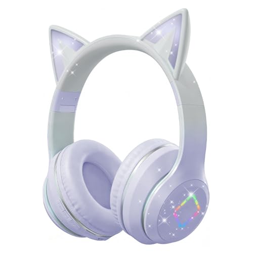 Caijin Casques Bluetooth Enfants, Oreilles de Chat LED, Bluetooth 5.3 Stéréo, Bandeau Réglable, Limite de Volume 85dB, Pliables, Modes Carte TF/Fil/Bluetooth, Compatibles PC, Téléphone, iPad