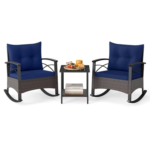 Image of Tangkula 3 Pieces Wicker Outdoor Rocking Chairs Set | Heavy Duty Cushioned Rattan Patio Rocker Bistro Set, 2-Tier Side Table w / Acacia Wood Tabletop, for Porch Balcony Backyard