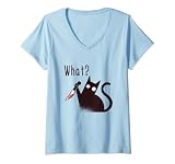 Femme Chat psychopath amusant avec un couteau, cadeau pour les amoureux des chats T-Shirt avec Col en V