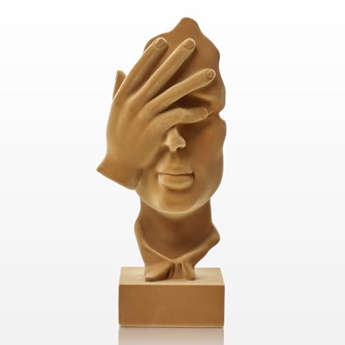 FOLKOR LIFE Flocked Resin Statue with Soft Velvety Texture, See No Evil Sculpture Modern Abstract Figurine for Desk, Bookshelf, Coffee Table Centerpiece, Meditation Room (Brown)