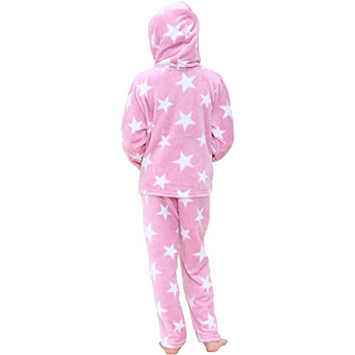 Girls Stars Print Fleece Extra Soft Loungewear Fashion Flannel Fleece Lounge Suit Hooded PJS Outfit Sets3
