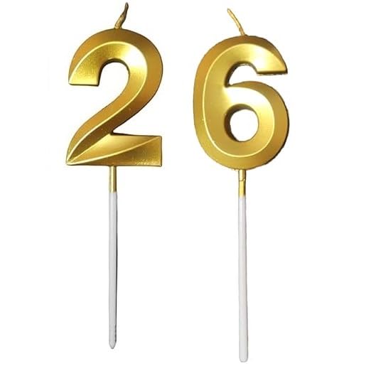 Image of ToyUniverse Number 26 Metallic Gold Candle for Twenty Sixth Birthday, Anniversary, Surprise Party Cake Decoration (Pack of 2)