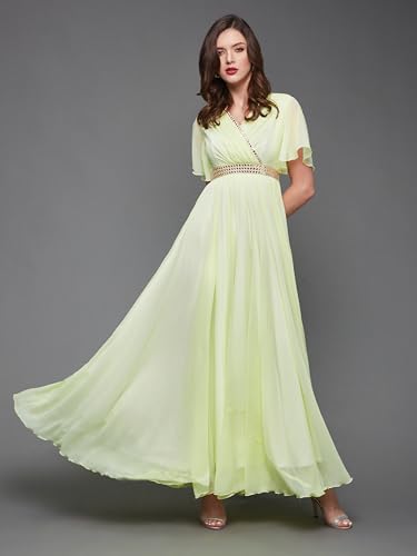 Image of Miss Chase Women's Round Neck Sleeve Embellished Fit Flare Maxi Dress