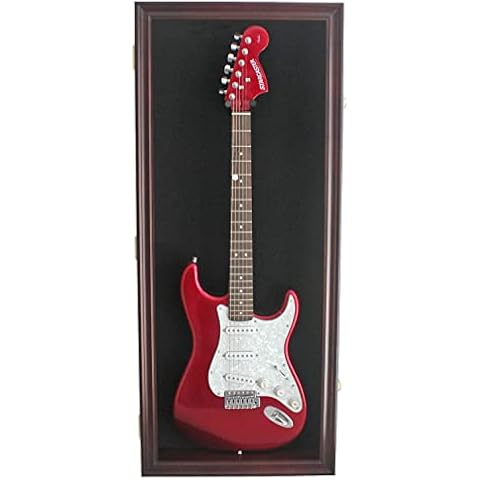 DisplayGifts 42" Electric Guitar Display Case Cabinet Shadow Box with Guitar Hanger Stand, Lockable UV Protection Black Felt interior with Mahogany Finish Frame Cover
