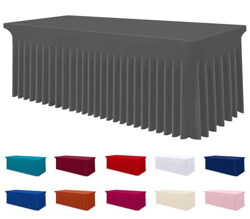 Image of Smiry Spandex Elastic Fitted Table Cloth Skirt for 8FT Rectangle Table | Stretch Washable Table Cloth, Banquet Table Cover for Wedding, Party, Indoor & Trade Shows, (Dark Grey, 96Lx30Wx30H)