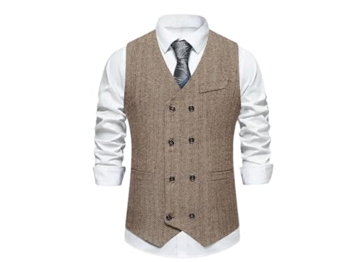 Men Solid Color Herringbone Double-Breasted Sleeveless Slim Fit Flat Pockets Suitable Wedding Vests