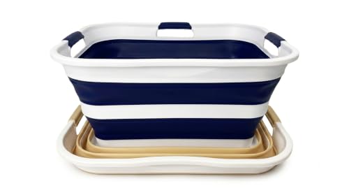 Image of SAMMART 42 (11 Gallons) Collapsible Plastic Laundry Basket, Foldable Pop Up Storage Container /Organizer, Space Saving Hamper, Portable Bin for Dorm Room Bathroom (2, Starry Blue+Beige)