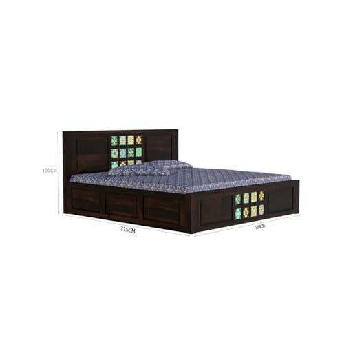 Image of King Size Bed with Storage Box | Sheesham Wood Bed | Multicolor Tiles Design Double Bed Wooden Cot for Bedroom & Hotel | Walnut Finish, Recommended Mattress Size: 78x72 Inch