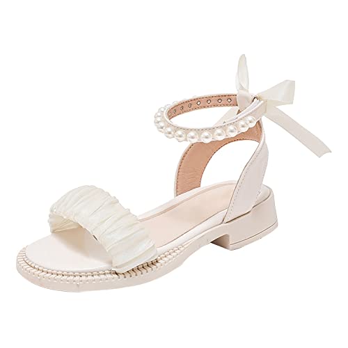 Kids Girl's Open Toe Sandals Bowknot Pearl Ankle Strap Sandals Summer Princess Dress Shoes