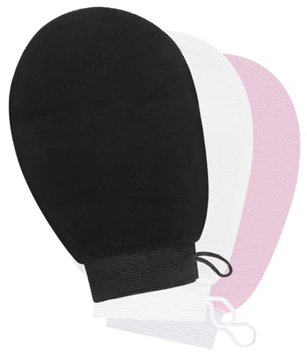 3 Colours Exfoliating Mitt Glove Body Scrub Bath Spa Shower Gloves Body Leg Scrubber Soft Remover Shower Body Scrub Gloves for Women and Men (Black pink white)