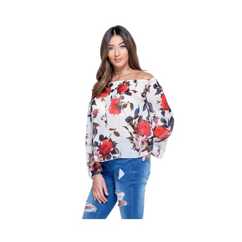 Goddiva Damen Bardot Sommer-Top mit Rosendruck Gr. 34, weiß