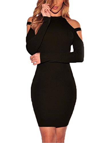 Haola Women's Sexy Cold Shoulder Long Sleeve Dress Bandage Party Club Bodycon Midi Dresses Black L