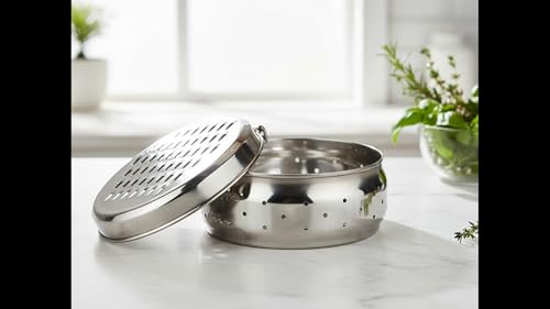 Image of Stainless Steel Green Coriander Storage Box Curry Leaves Box Set, Sprouts with air Ventilation Food containers Silver Dabba Flat Box Steel Dabba (Grater Dabba Large)