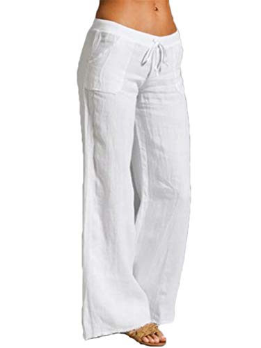 Andongnywell Women's Cotton and Linen Casual Pants Big feet Flared Drawstring Pocket Solid Color Wide Leg Pants