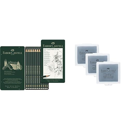 Faber-Castell 119065 Set Art de 12 crayons graphite CASTELL 9000 & 205004 Art Eraser 127220 Lot de 3 gommes à modeler Gris