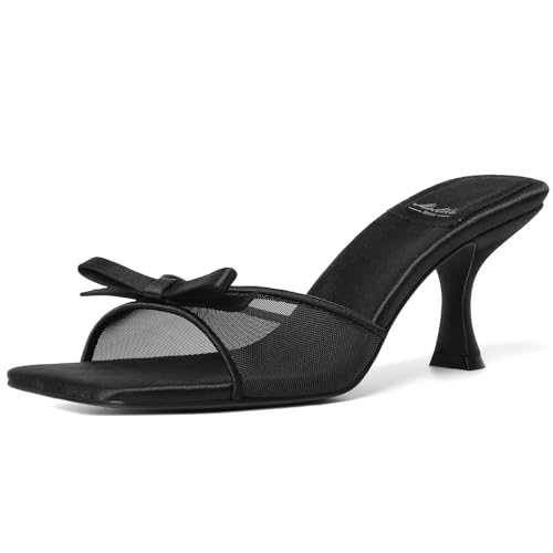 Mostrin Black Mesh Kitten Heels for Women Open Square Toe Mule Heeled Sandals with Bow Slip On Backless Dress Shoes for Wedding Party Holiday Size 7