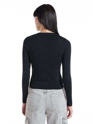 Image of Bewakoof Women's Solid Slim Fit Full Sleeve Round Neck Cotton Lycra Blend Top