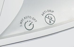 Close-up of Sunbeam iron showing 3-way auto-off and anti-drip icons