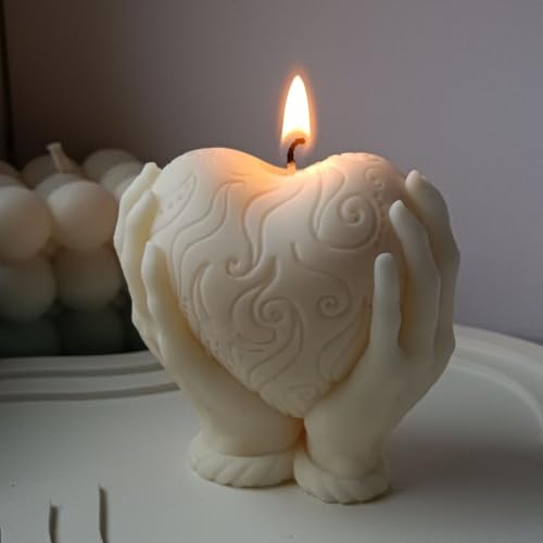 Image of Hand Held Heart Shaped Decorative Candle with Intricate Carved Design, Cream White