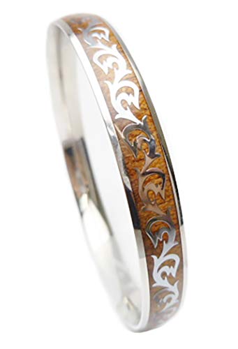 316L Stainless Steel Comfort Fit Natural Hawaii Koa Wood Inlay With Tribal Wave Design Hawaiian Curved Top Bangle Bracelet (Size: 8