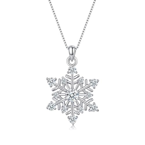 Bewenda Silver Christmas Necklace, 925 Sterling Silver Snowflake Pendant Necklace with White Cubic Zirconia, Hypoallergenic 45+5cm Xmas Long Chain, Winter Jewellery Gift for Ladies Wife Girls Mother