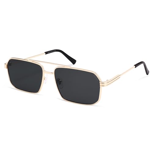 SOJOS Retro Polarized Square Sunglasses Womens Men Vintage Double Bridge Metal Frame UV Protection Sun Glasses SJ1246, Gold Frame/Grey Lens