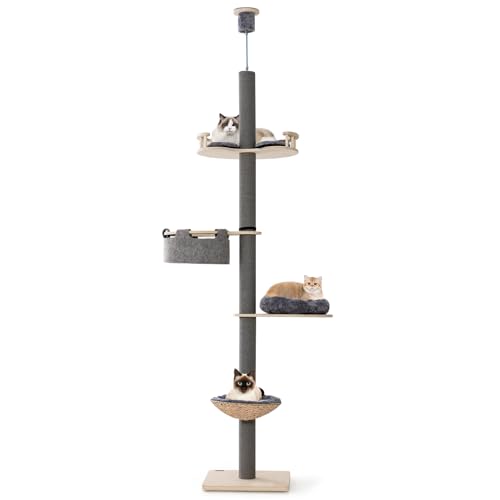 Tangkula Floor to Ceiling Cat Tree, Tall Cat Tower with Adjustable Height (93-107 Inch) for Large Cats, 5 Tier Cat Climbing Pole with Scratching Post, Cattail Basket Bed, Hammock for Indoor Cats