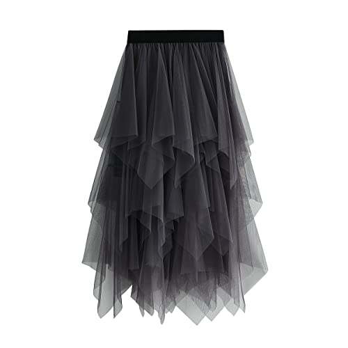 Damen Rock Tüll Unregelmäßig Unterrock Lagenrock Ballett Tutu Abschlussball Party Faltenkleid A-Linie Midirock High Waisted Rock (Grau, Einheitsgröße)