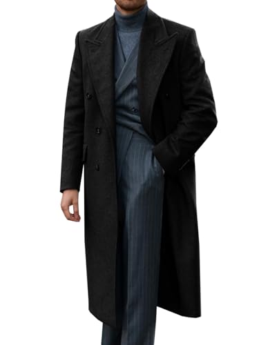 Runcati Mens Wool Blend Casual Trench Coat Notched Collar Lapel Long Jacket Peacoat Double Breasted Classic Winter Overcoat