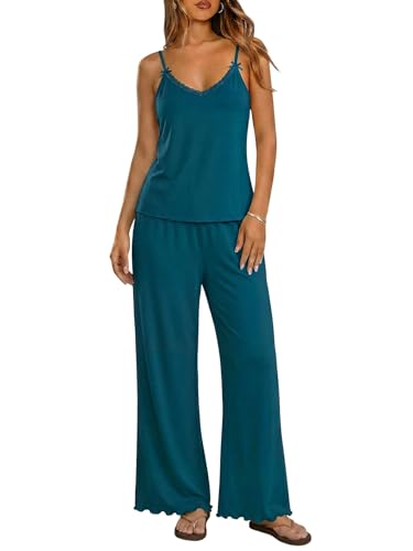 Image of Ekouaer Womens Y2K Cami Pajama Set with Flare Pants, 2 Piece Lace Trim Sleepwear Spaghetti Strap Pjs Set XS-2XL