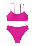 SHENHE Girl's 2 Piece High Waisted Spaghetti Strap Cute Swimsuit Bathing Suit Solid Bikini Sets Hot Pink 10-11Y